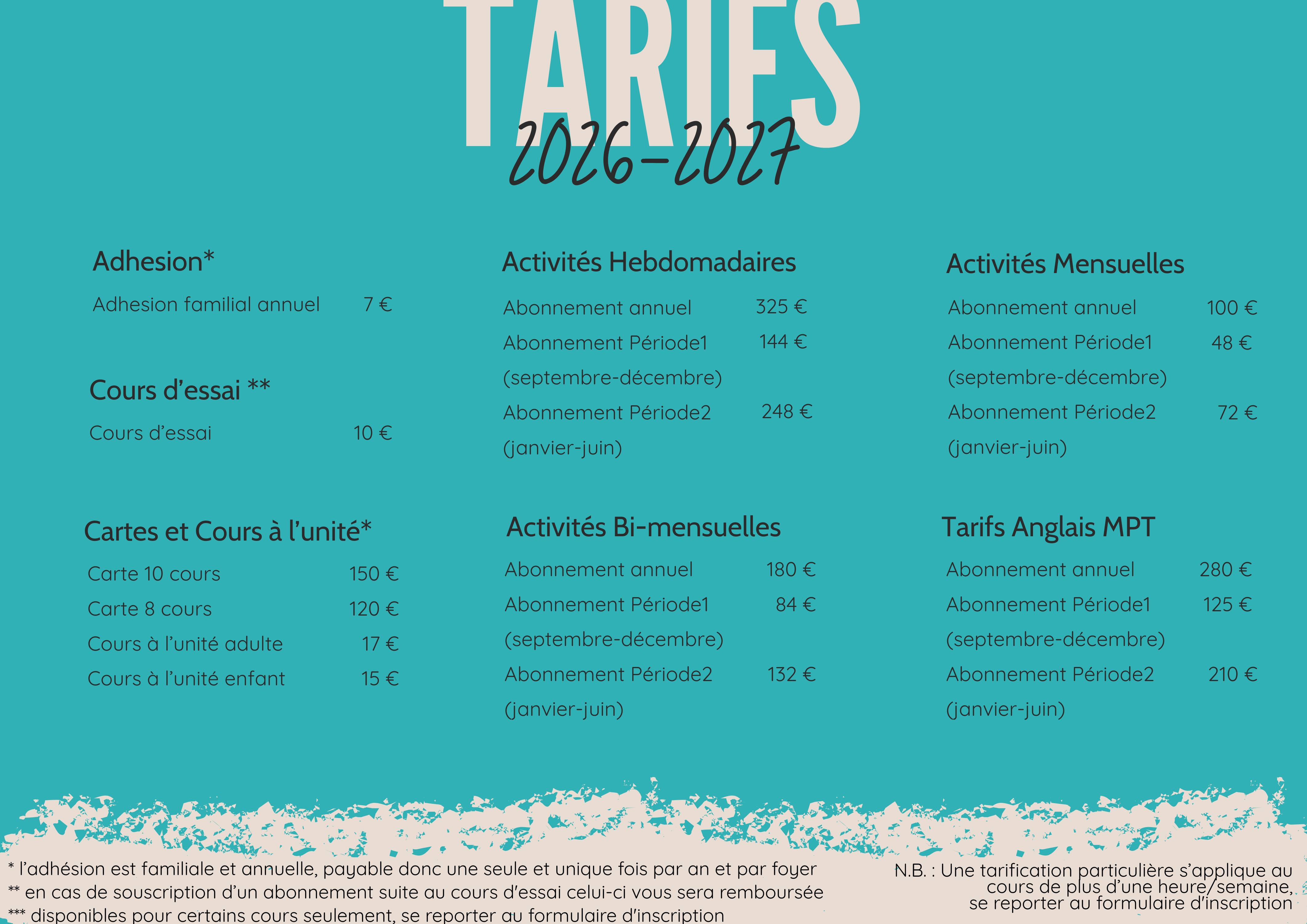 tarifs en vigueur en 2026. Abonnement annuel 325€